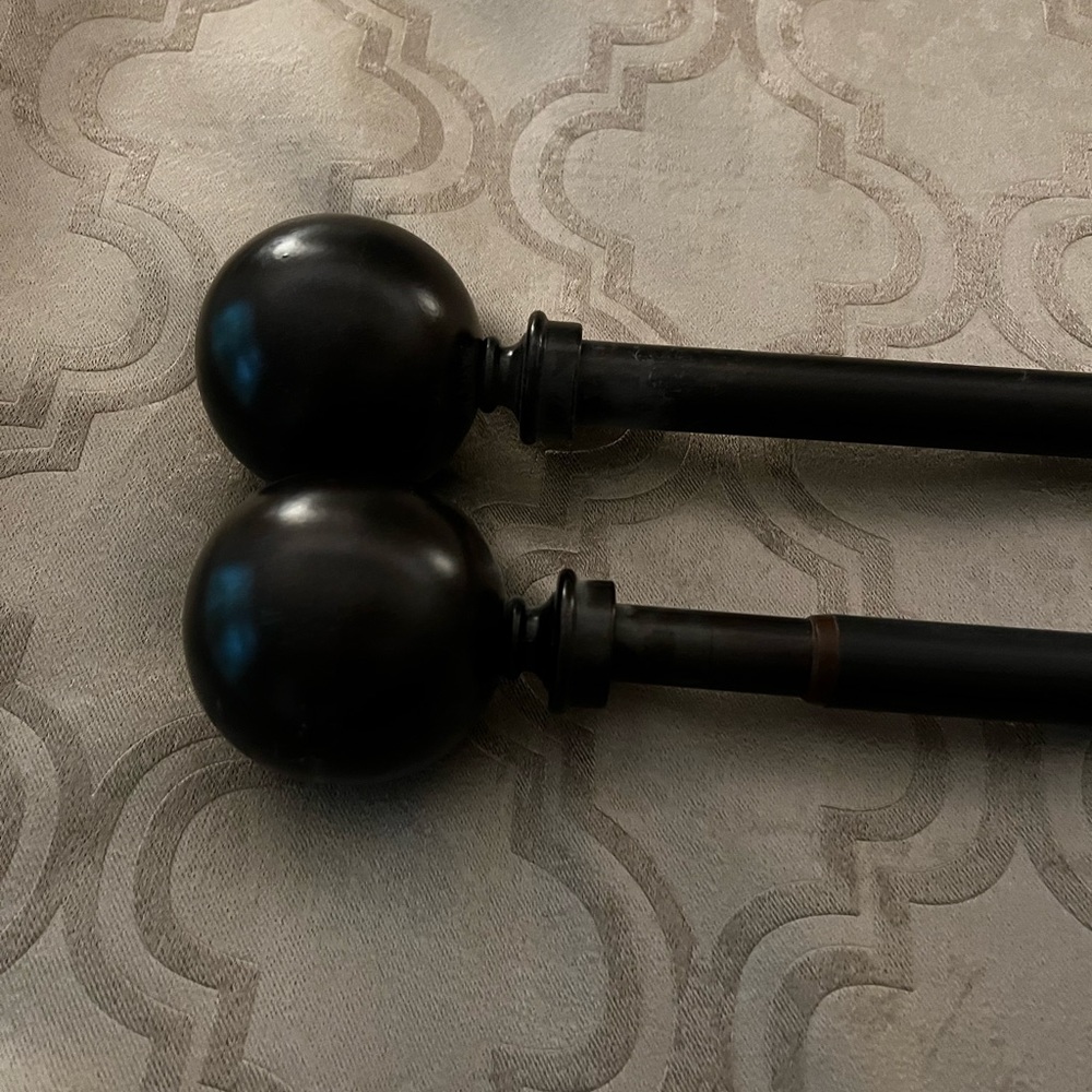 86” greige blackout panels x 2. Dark bronze rod and hardware.